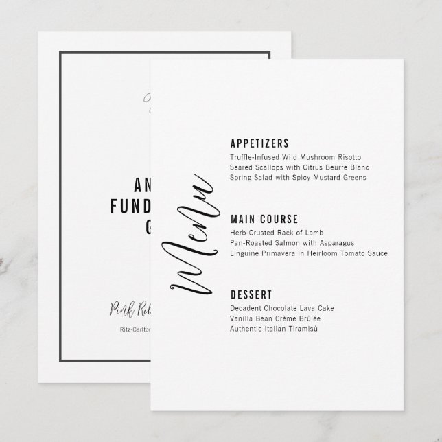 Elegant Script Minimalistic Formal Dinner Menu (Front/Back)