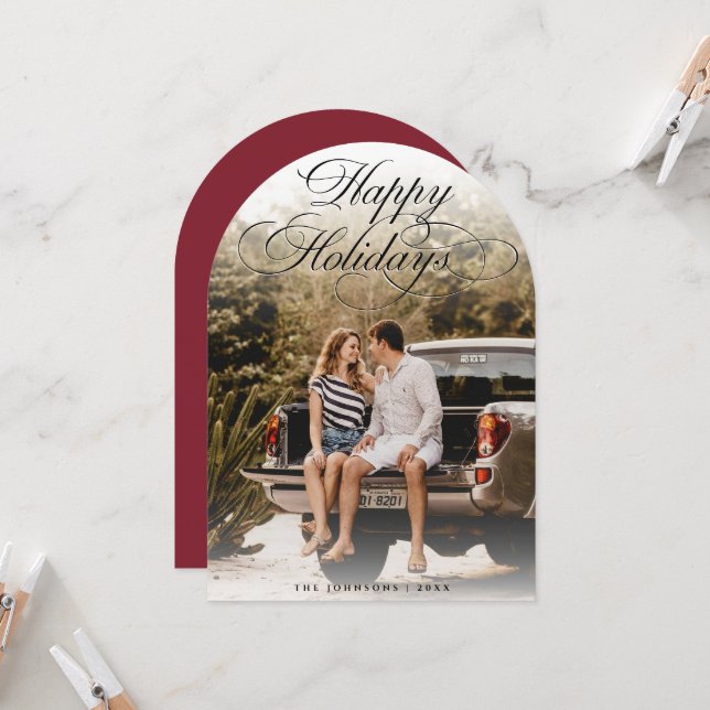Elegant Script Modern Arch 1 Photo Christmas Card (Front/Back In Situ)