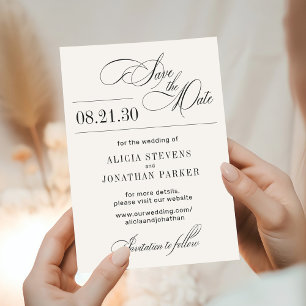 Elegant script modern balck cream ivory wedding save the date