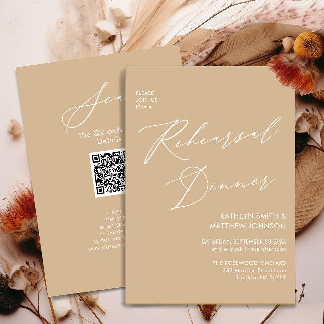 Elegant Script Modern Beige Rehearsal Dinner QR Invitation (Creator Uploaded)