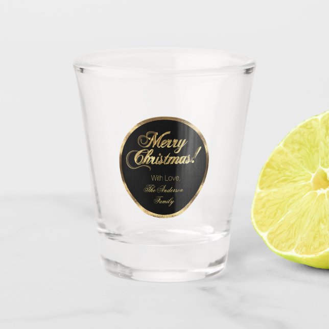 Elegant Script Modern Black and Gold Christmas Shot Glass (Front)