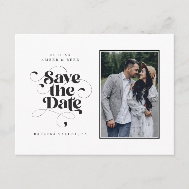 Elegant Script Modern Black White Art Design Photo Announcement Postcard (Front)