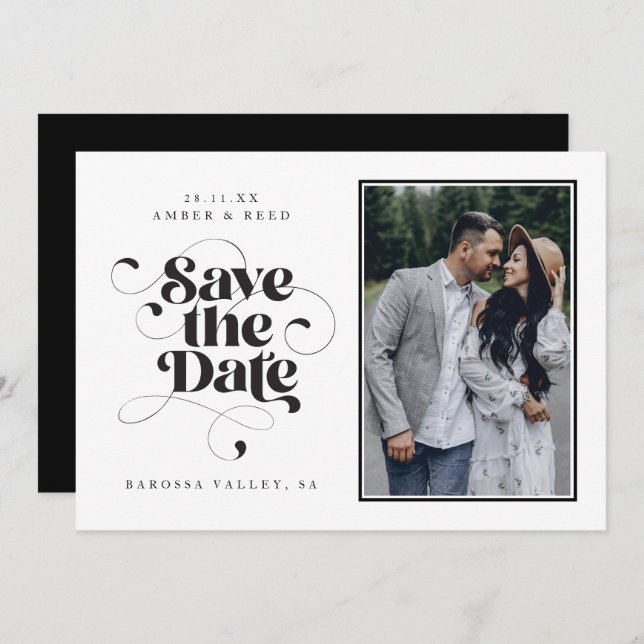 Elegant Script Modern Black White Art Design Photo Save The Date (Front/Back)