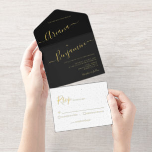 Elegant Script Modern Black White Gold Minimalist  All In One Invitation