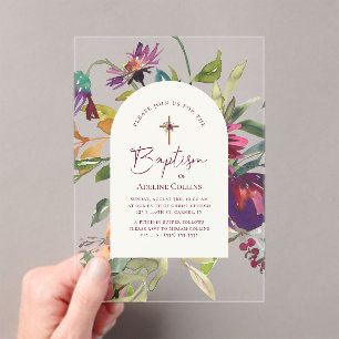 Elegant Script Modern Burgundy Floral Baptism Acrylic Invitations