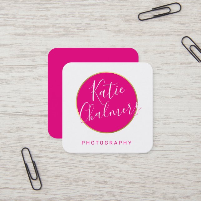 ELEGANT script modern chic pretty gold hot pink Square Business Card (Front/Back In Situ)