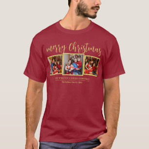 Elegant Script Modern Christmas Family 3 Photo T-Shirt