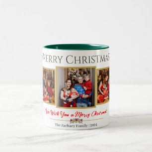 Elegant Script Modern Christmas Family 3 Photo Two-Tone Coffee Mug