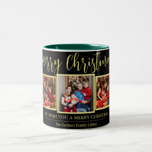 Elegant Script Modern Christmas Family 3 Photo Two-Tone Coffee Mug