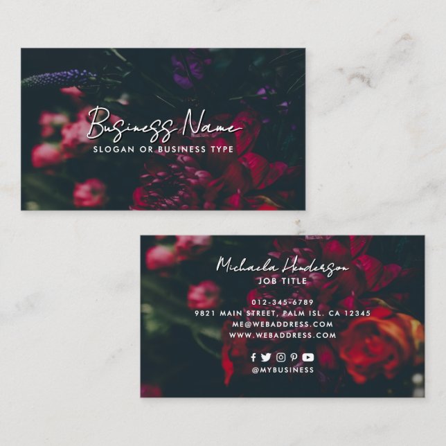 Elegant Script Modern Dark & Moody Flowers Business Card (Front/Back)