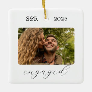 Elegant Script Modern Engagement Photo Keepsake Ceramic Ornament