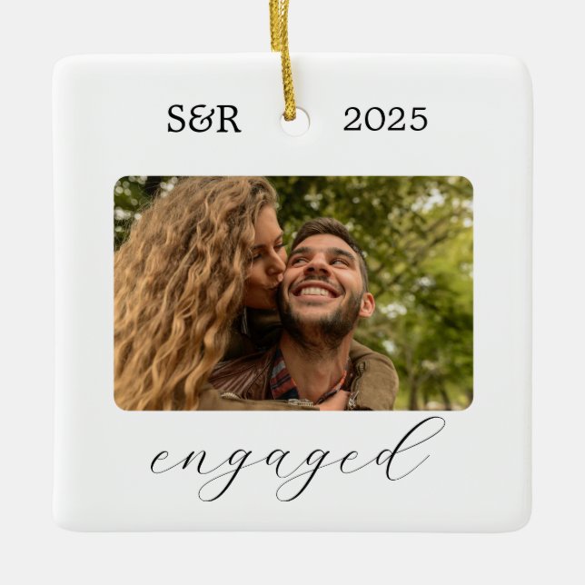 Elegant Script Modern Engagement Photo Keepsake Ceramic Ornament (Front)