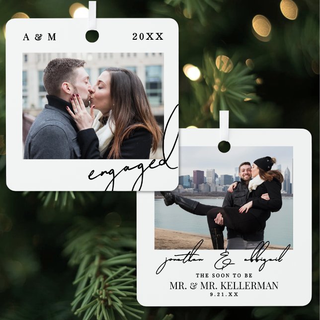 Elegant Script Modern Engagement Photo Metal Tree Decoration (Elegant Script Modern Engagement Photo Metal Ornament )