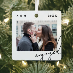 Elegant Script Modern Engagement Photo Metal Tree Decoration