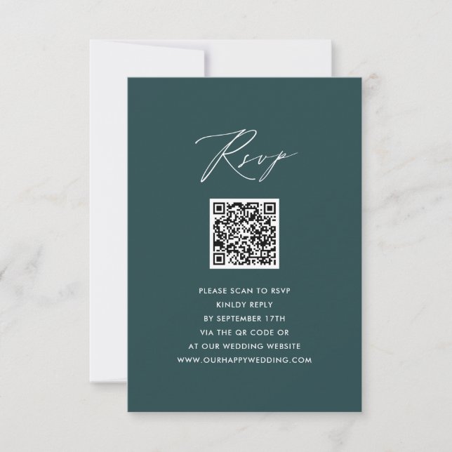 Elegant Script Modern Green Simple QR Wedding RSVP Card (Front)
