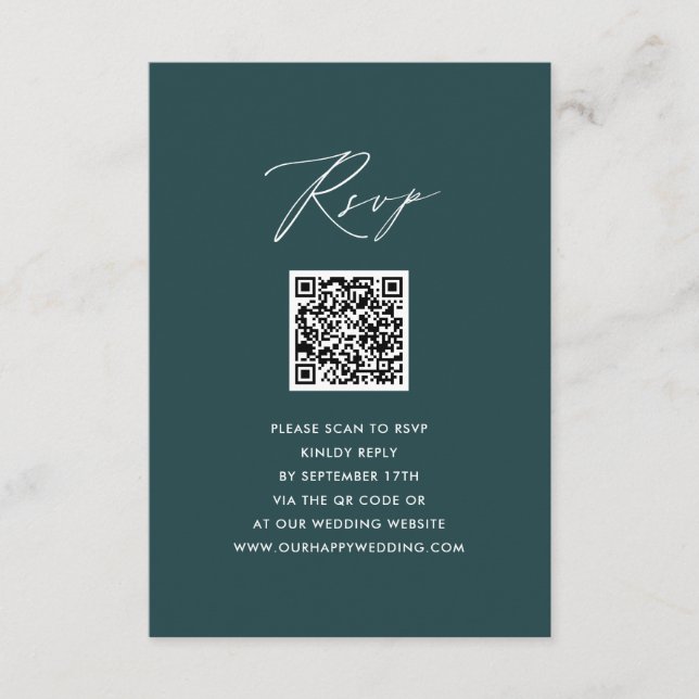 Elegant Script Modern Green Simple QR Wedding RSVP Enclosure Card (Front)