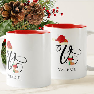 Elegant Script Modern Monogram Initial V Christmas Two-Tone Coffee Mug