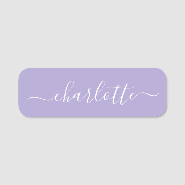 Elegant Script Modern Name Personalised Lavender Name Tag (Front)
