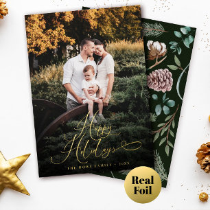 Elegant Script Modern Photo Festive Traditional Foil Holiday Card