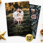 Elegant Script Modern Photo Festive Traditional Foil Holiday Card<br><div class="desc">Get in the spirit with this elegant script calligraphy family photo real foil (gold,  silver,  or rose gold) holiday card! Modern watercolor foliage branches with berries,  holly,  pine,  cotton,  and eucalyptus on muted earth tones elevate this whimsical and festive card design on the back.</div>