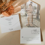 Elegant Script Modern Photo Wedding All In One Invitation<br><div class="desc">This elegant All-In-One Wedding Invitation features a sweeping script calligraphy text paired with a classy serif & modern sans font in black,  with a photo overlay on the front and a customisable monogram on the back. Matching items available.</div>