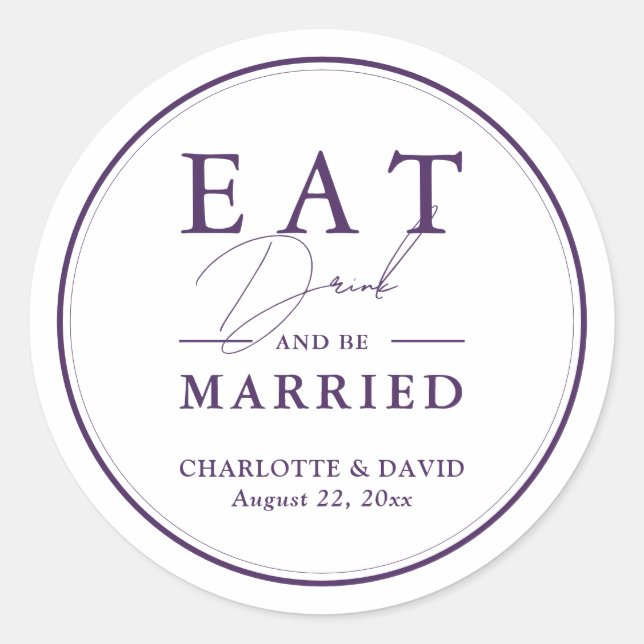 Elegant Script Modern Purple Wedding Classic Round Sticker (Front)