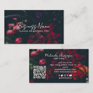 Elegant Script Modern QR Code Dark & Moody Flowers Business Card