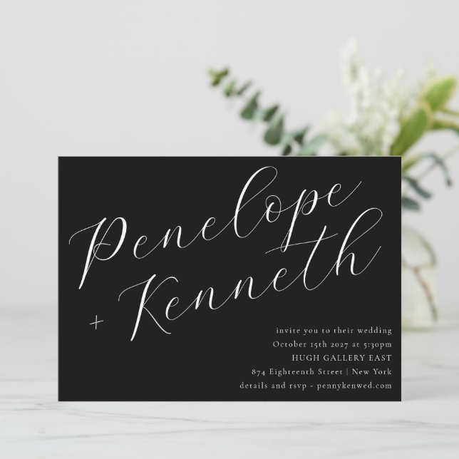Elegant Script Modern Wedding Black Website RSVP Invitation (Standing Front)