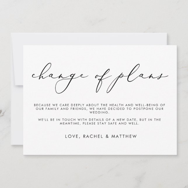 Elegant Script Monochrome Change of Plans Wedding Announcement (Front)