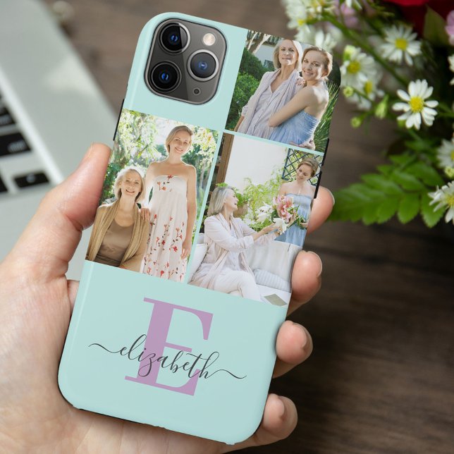 Elegant Script Monogram 3 Photo Mint and Lilac Case-Mate iPhone Case (Creator Uploaded)