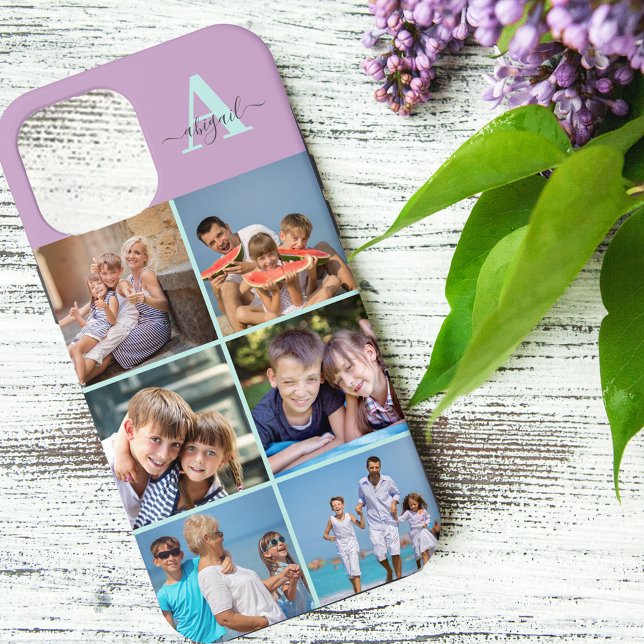 Elegant Script Monogram 6 Photo Lilac and Mint Case-Mate iPhone Case (Creator Uploaded)
