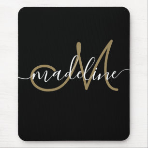 Elegant Script Monogram Black Gold Mouse Mat