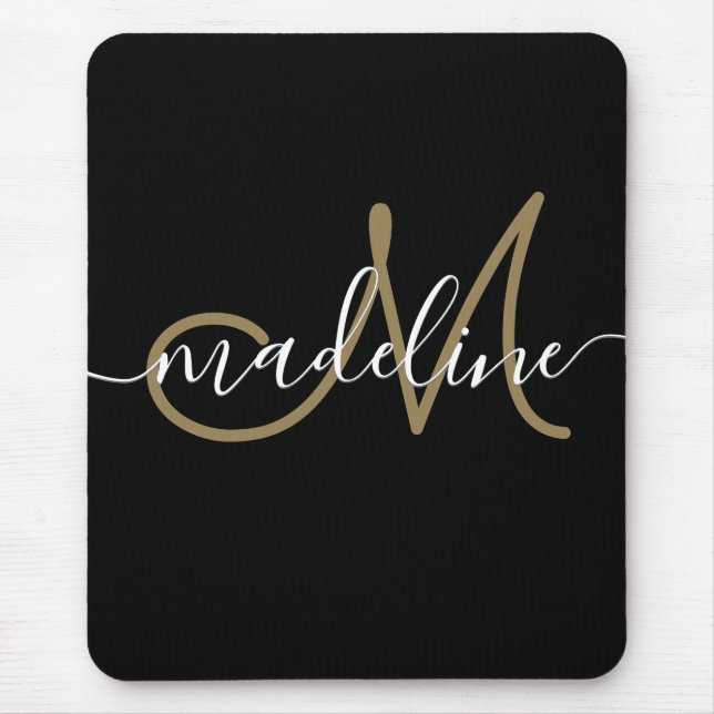 Elegant Script Monogram Black Gold Mouse Mat (Front)