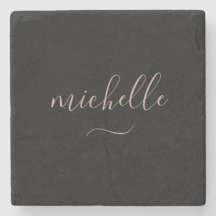 Elegant Script Monogram Black Gold Swash Stone Coaster