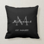 Elegant Script Monogram Black White Newlyweds Cushion<br><div class="desc">Elegant Script Monogram Black White Newlyweds Throw Pillow makes a great keepsake gift idea for a new couple getting married or just married. Customisable black background on both sides of the pillow. The front is designed with large classy grey monogram and last name in white calligraphy script lettering followed by...</div>