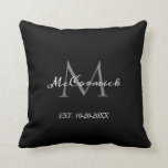 Elegant Script Monogram Black White Newlyweds Cushion<br><div class="desc">Elegant Script Monogram Black White Newlyweds Throw Pillow makes a great keepsake gift idea for a new couple getting married or just married. Customizable black background on both sides of the pillow. The front is designed with large classy grey monogram and last name in white calligraphy script lettering followed by...</div>
