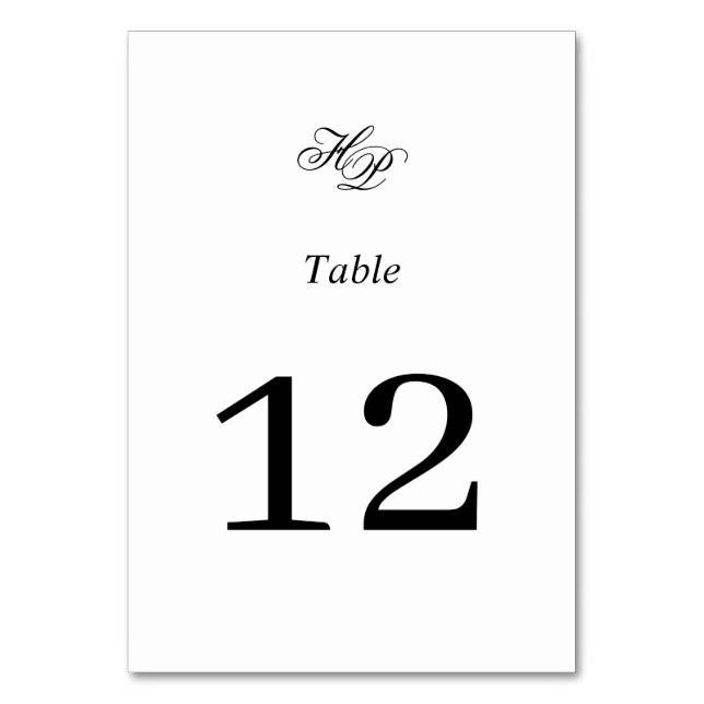 Elegant Script Monogram Black & White Wedding Table Number (Front)