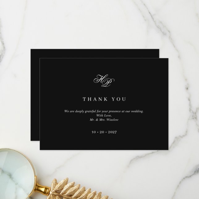 Elegant Script Monogram Black & White Wedding Thank You Card (Front/Back In Situ)
