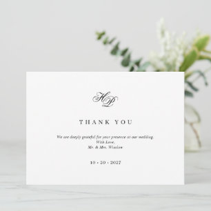 Elegant Script Monogram Black & White Wedding Thank You Card