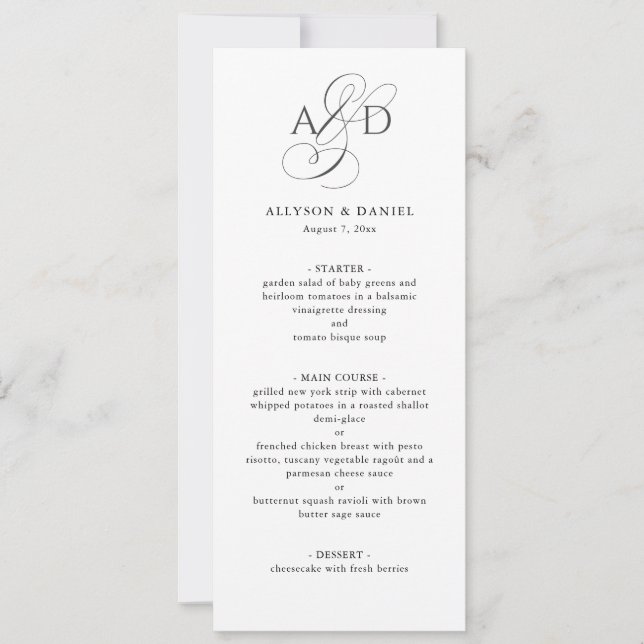 Elegant Script Monogram Classic Wedding Menu Invitation (Front)