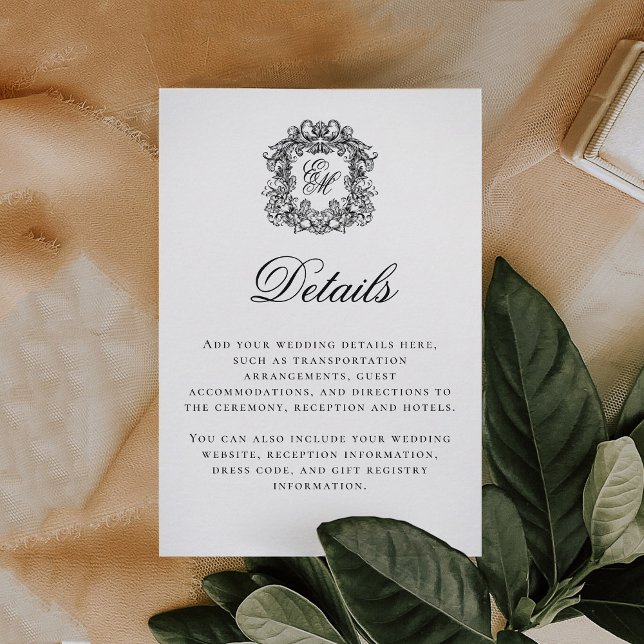 Elegant Script Monogram Crest Wedding Details Enclosure Card (Creator Uploaded)