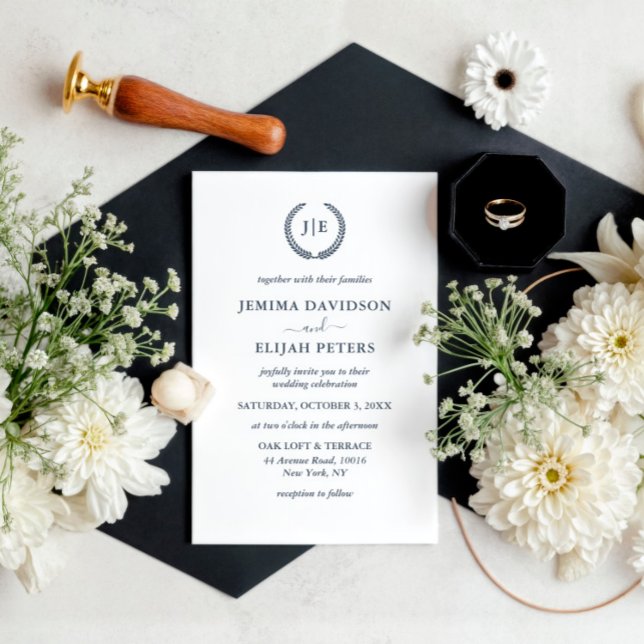 Elegant Script Monogram Crest Wreath Wedding Invitation (Creator Uploaded)