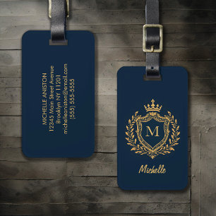 Elegant script Monogram Custom navy blue gold Luggage Tag