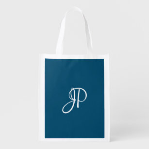 Elegant Script Monogram Custom Template Ocean Blue Reusable Grocery Bag