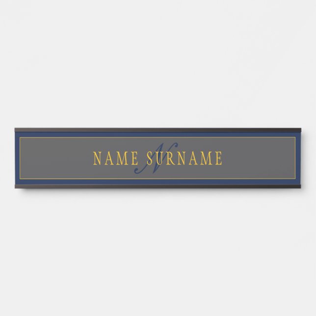 Elegant Script Monogram Dark Navy Blue Grey & Gold Door Sign (Front)