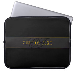 Elegant Script Monogram Dark Navy Blue Grey & Gold Laptop Sleeve