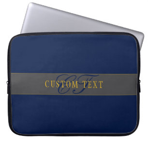 Elegant Script Monogram Dark Navy Blue Grey & Gold Laptop Sleeve
