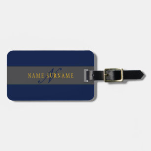 Elegant Script Monogram Dark Navy Blue Grey & Gold Luggage Tag