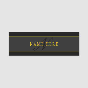 Elegant Script Monogram Dark Navy Blue Grey & Gold Name Tag