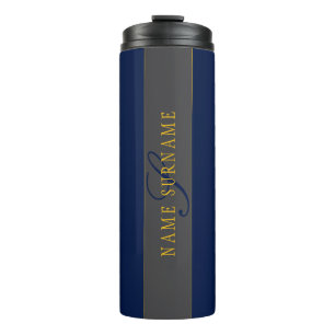 Elegant Script Monogram Dark Navy Blue Grey & Gold Thermal Tumbler